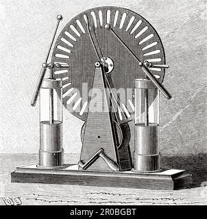 La macchina Wimshurst è un generatore elettrostatico, una macchina per la generazione di alte tensioni sviluppata dall'inventore britannico James Wimshurst (1832–1903) incisione del 19th° secolo da la Nature 1887 Foto Stock