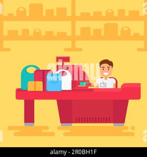 Negozio con cassiere vicino al banco di cassa. Negozio o vendita al dettaglio interni. Illustrazione del concetto di shopping. Vettore Illustrazione Vettoriale