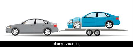 Un'autovettura con un carrello per rimorchi trasporta un veicolo di emergenza. Illustrazione del vettore piatto. Illustrazione Vettoriale