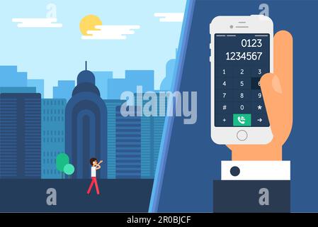Vita sociale in città con smartphone Dial. Città quotidiana, umano con telefono in mano e smartphone schermo con numero in finestra separata in piano minimalis Illustrazione Vettoriale