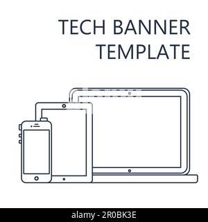 Modello Adaptive Web Phone e banner Gadget su smartphone, tablet e notebook. Delineate le modiche minimalistiche di pad, telefono, laptop. Vettore Illustrazione Vettoriale