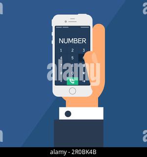 Vita sociale con smartphone Dial. Telefono in mano e schermo per smartphone con numero in stile minimalista piatto. Vettore Illustrazione Vettoriale