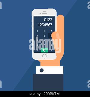 Vita sociale con smartphone Dial. Telefono in mano e schermo per smartphone con numero in stile minimalista piatto. Vettore Illustrazione Vettoriale