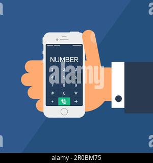 Vita sociale con smartphone Dial. Telefono in mano e schermo per smartphone con numero in stile minimalista piatto. Vettore Illustrazione Vettoriale