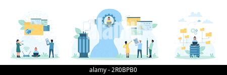Illustrazione del vettore del set di gestione dati. Cartoon le persone più piccole lavorano con i dati all'interno di testa umana astratta, utilizzano il telefono e il laptop per caricare gli archivi sul cloud, connettono le cartelle con le informazioni alla rete Illustrazione Vettoriale