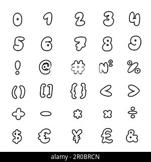 Scribble nero speciale matematico e altri simboli e segni font 0 a 9. Illustrazione vettoriale in stile doodle disegnato a mano isolato su sfondo bianco Illustrazione Vettoriale