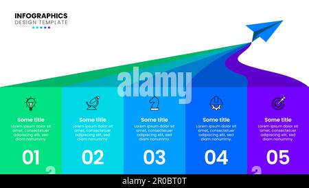 Modello infografico con icone e 5 opzioni o passaggi. Piano carta. Può essere utilizzato per il layout del flusso di lavoro, il diagramma, il webdesign. Illustrazione vettoriale Illustrazione Vettoriale