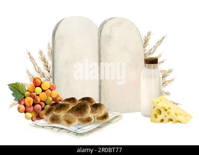 Acquerello Shavuot compresse di pietra biglietto di auguri modello con formaggio, pane challah, latte. grano, uva illustrazione Foto Stock