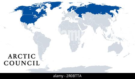 Consiglio artico, paesi membri, mappa politica. Forum dei governi e delle popolazioni indigene all'interno del Circolo polare Artico. Foto Stock