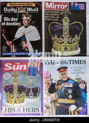 6 maggio 2023. Le prime pagine di una selezione di quotidiani britannici il giorno dell'incoronazione di Re Carlo III nell'Abbazia di Westminster. Foto Stock