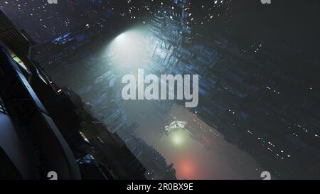 Cyberpunk città del futuro, smog. Edifici in cemento e metallo. Luce delle luci notturne. rendering 3d Foto Stock