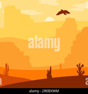 Retro Wild West Desert. Tramonto vintage in prateria con cactus e aquila in cielo. Grunge vecchia texture. Orizzontale naturale per stampa, poster, illustrazione, Illustrazione Vettoriale