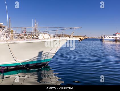 barche da pesca allineate in un molo a montauk, ny Foto Stock