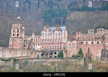 Vista dell'antico castello situato sopra il fiume Neckar a Heidelberg, Germania Foto Stock