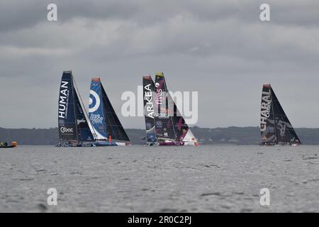 Brest, Francia. 07th maggio, 2023. Illustrazione della flotta durante l'inizio della Guyader Bermudes 1000 gara 2023, IMOCA Globe Series gara di vela il 7 maggio 2023 a Brest, Francia - Foto Nicolas Pehe/DPPI Credit: DPPI Media/Alamy Live News Foto Stock