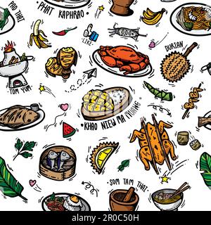 Carino doodle cartone animato regionale gustoso cibo tailandese popolare menu, dessert, frutta e ingredienti. disegno di un vettore di sfondo con ripetizione senza giunture Illustrazione Vettoriale