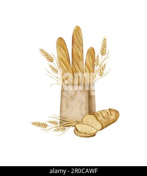 Baguette francesi croccanti in borsa artigianale con mazzo di spikelets di grano, segale, cereali e pane fresco a fette. Proteina e nutrizione di grano intero. Mano Foto Stock