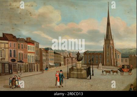 Vassoio di alimentazione, vista della chiesa di St Martin di Birmingham, dall'arena, 1815-1835. Di Thomas Hollins.. Vassoio rettangolare in metallo con lati sagomati convessi profondi e angoli arrotondati. Forato con asola ovale (maniglie) su ciascuna estremità Scena in prima vista del Bull Ring, con la chiesa di San Martino, che mostra una carrozza a partire dal Nelson Hotel. Nero inverso. Foto Stock