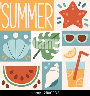 Poster grafico estivo. Ora legale, motivi di sfondo sul tema dell'estate, delle vacanze, del fine settimana, della spiaggia. Illustrazione Vettoriale