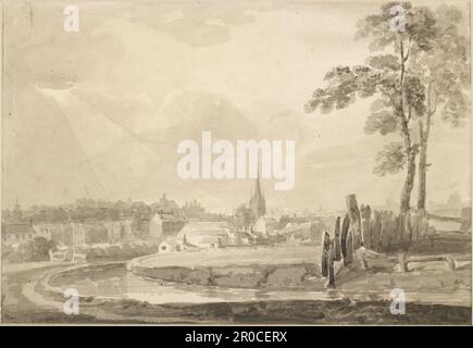 Vista topografica di Birmingham, dalla collezione Birmingham Museums Trust. Disegno del lavaggio dell'inchiostro. St Martin's Church, Bull Ring, Birmingham dal fiume Rea. Da Samuel linee SNR Foto Stock