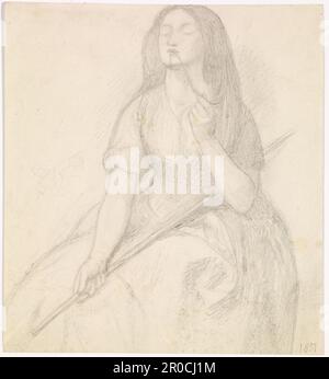 [Recto - anteriore]. Il ritorno di Tibullus a Delia - Studio per la figura di Delia, 1851. Artista: Dante Gabriel Rossetti. Recto: Femmina seduta con occhi chiusi e faccia leggermente sollevata. Verso: Parte di uno schizzo ruvido (ritagliato) per Giotto dipingendo il Ritratto di Dante, con grande scrittura a mano sotto... Da Preraphaelites.org:. Uno studio per il acquerello 'il ritorno di Tibullus a Delia' (collezione privata) con Elizabeth Siddal come modello. L'acquerello è stato esposto alla Stone Gallery di Newcastle nel 1971. Foto Stock