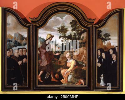 Noli Me Tangere, donatori nelle ali, 1548-1554. Di Jan van Scorel. Acquistato con l'assistenza del National Art Collections Fund, 1952... Il pannello principale di questo trittico raffigura l'incontro di Cristo e Maria Maddalena dopo la Risurrezione. Maria fu la prima a vedere il Cristo risorto e il titolo 'Noli Me Tangere', o 'non toccarmi', furono le prime parole di Cristo a lei secondo il racconto latino di Vulgate... La famiglia donatrice è raffigurata sulle ali del trittico mostrando Henrick Joeszoen van der Stypen van Duyvelandt e sua moglie Marritgen, figlia di Dammas Simonszoen, con loro Foto Stock