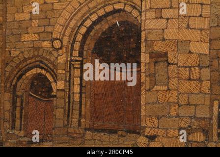 Tunbridgeware Picture - Battle Abbey, 1800-50. Pannello a mosaico dell'Abbazia di Battaglia realizzato nella bottega Fenner e Nye, forse già nel 1820. Si tratta di un pezzo altamente qualificato che utilizza diverse sfumature di mosaico di legno per ottenere un aspetto quasi 'acquerello'. Il costruttore è in grado di mostrare l'abbazia in prospettiva aumentando le dimensioni dei blocchi di legno da sinistra a destra... Acquistato da Edward H Pinto, 1965... . Foto Stock