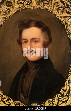 Dettaglio del ritratto del principe Alberto sullo schermo del volto di Papier mâché, 1840. Produttore: Jennens & Bettridge (Constitution Hill, Birmingham). Uno di un paio, probabilmente fatto per commemorare il matrimonio reale della regina Vittoria e del principe Alberto nel 1840 Foto Stock