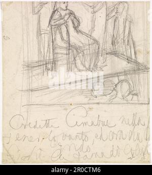 [Verso - Inverti]. Il ritorno di Tibullus a Delia - Studio per la figura di Delia, 1851. Artista: Dante Gabriel Rossetti. Recto: Femmina seduta con gli occhi chiusi e la faccia leggermente sollevata... Verso: Parte di uno schizzo ruvido (ritagliato) per Giotto dipingendo il Ritratto di Dante, con grande scrittura a mano sotto... Da Preraphaelites.org:. Uno studio per il acquerello 'il ritorno di Tibullus a Delia' (collezione privata) con Elizabeth Siddal come modello. L'acquerello è stato esposto alla Stone Gallery di Newcastle nel 1971. Foto Stock