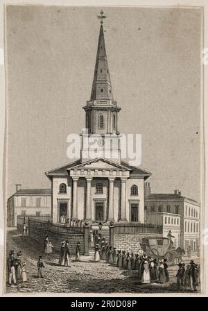 Incisione-Chiesa di Cristo, Birmingham. Dalla collezione Wilkinson, vol i. uno di una collezione di incisioni di vedute locali contenute in volume. Vista della Chiesa di Cristo, con parte di Ann St a sinistra, New St a destra. Foto Stock