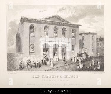 Incisione dell'Old Meeting House Birmingham, 1884-1900. Disegnato da: William Green. Incisore: John Smith. La prima cappella non conformista a Birmingham. Costruito nel 1689; parzialmente distrutto nei tumulti di Sacheverell (1710 ca.) Foto Stock