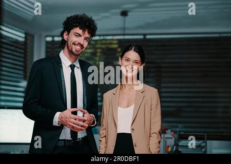 Il team aziendale di successo si trova in ufficio dopo aver finito di lavorare al progetto a tarda notte Foto Stock
