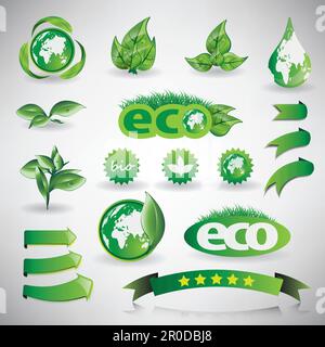 Icone ecologiche verdi brillanti, Design Template Collection Illustrazione Vettoriale