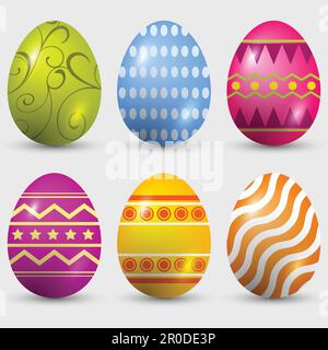 Un gruppo di uova di pasqua con disegni diversi Illustrazione Vettoriale