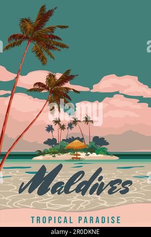 Maldive viaggio poster tropicale resort vintage Illustrazione Vettoriale