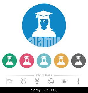 Laureato avatar femminile icone piatte bianche su sfondi di colore rotondo. 6 icone bonus incluse. Illustrazione Vettoriale