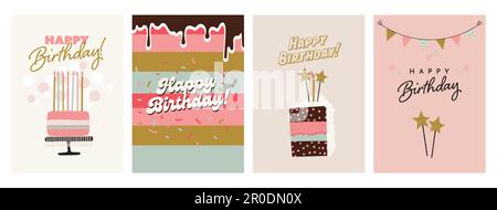 Biglietti di auguri e modelli di invito per il buon compleanno. Illustrazione vettoriale in stile semplice disegnato a mano Illustrazione Vettoriale