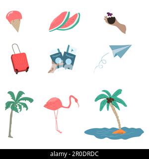 una serie di icone estive viaggiano e riposano al mare Illustrazione Vettoriale