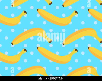 Motivo senza cuciture con banane gialle su sfondo blu punteggiato. Banane mature esotiche. Progettazione di poster, carta da imballaggio e sfondi. Vettore illus Illustrazione Vettoriale