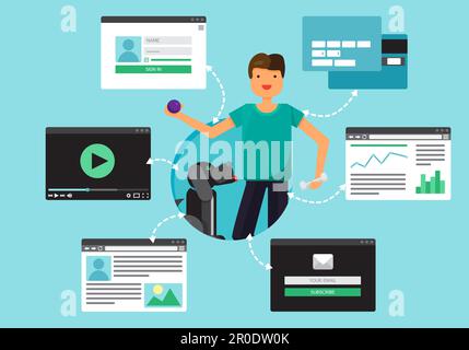 Web Life of Man con Lovely Dog da video, blog, social network, shopping online e e-mail. Interfaccia grafica utente e pagine web moduli ed elementi. Illustrazione Vettoriale
