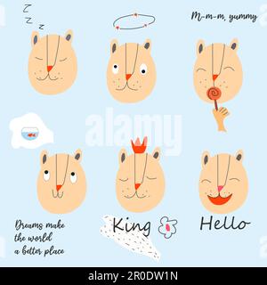 un set di gatti divertenti in stile cartoon Illustrazione Vettoriale