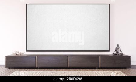 Moderno soggiorno con TV LED con spazio copia sulla parete sopra la cassettiera 3D Render Foto Stock