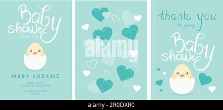 Set di modelli di invito per l'acquazzone del bambino. Honoring mommy per essere. Invito e grazie carte con lettere, cuori e un pulcino carino in cracked e Illustrazione Vettoriale