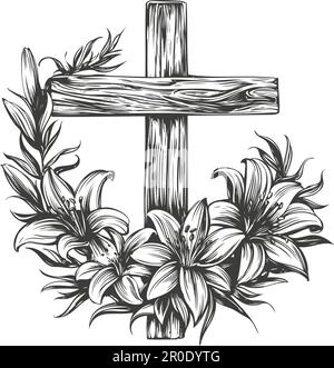 Pasqua felice, croce di legno e gigli fioriti floreali, Pasqua. Simbolo del cristianesimo disegno a mano vettore illustrazione schizzo. Illustrazione Vettoriale