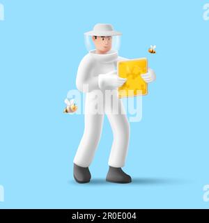 3d rendere l'illustrazione dell'apicoltore che tiene i nidi d'ape con il miele e le api che volano intorno a lui, uomo un'uniforme protettiva Illustrazione Vettoriale