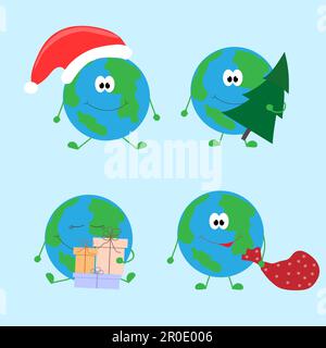 Set di cartoni animati del pianeta Terra per celebrare il Natale. Illustrazione Vettoriale