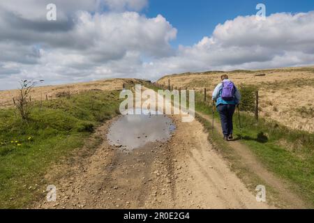 07.05.23 Marsden, West Yorkshire, Regno Unito. Donna collina a piedi sulla Oldham Way e Pennine Wat vicino a Marsden Moor Foto Stock