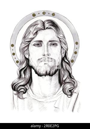 Ritratto di Gesù Cristo. Illustrazione a inchiostro tradizionale su carta. Foto Stock