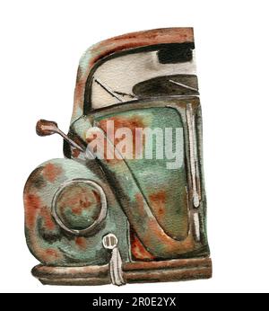 Acquerello illustrazione di vecchia auto verde arrugginita. Un vecchio elemento di smalto arrugginito. Disegnato a mano in acquerello su sfondo bianco. Perfetto per matrimoni Foto Stock