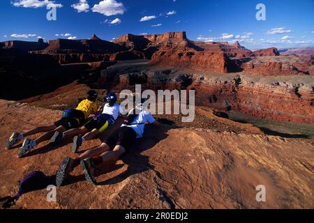 Mountainbiker am Goose Neck Overlook, Colorado River, White Rim Trail Canyonlands NP, Utah, USA Foto Stock